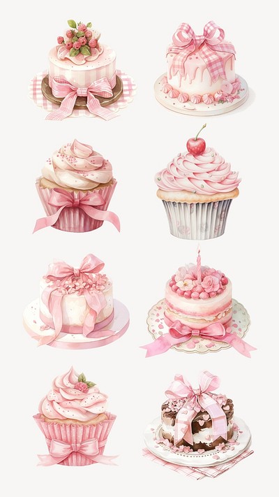 Editable watercolor pink cake design element set