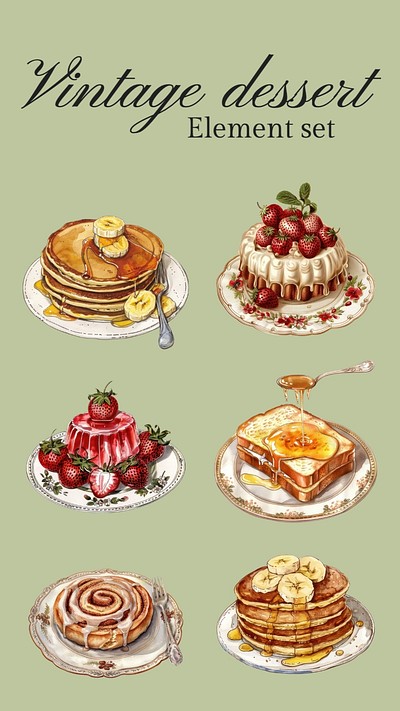 Editable vintage drawing dessert design element set