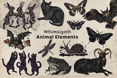 Editable whimsigoth black animal design element set