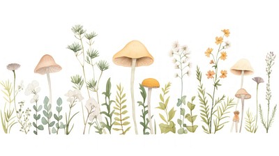 Mushrooms with flowers as divider watercolor illustrated drawing fungus.