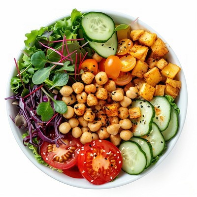 Vegan buddha bowl salad platter produce lunch.