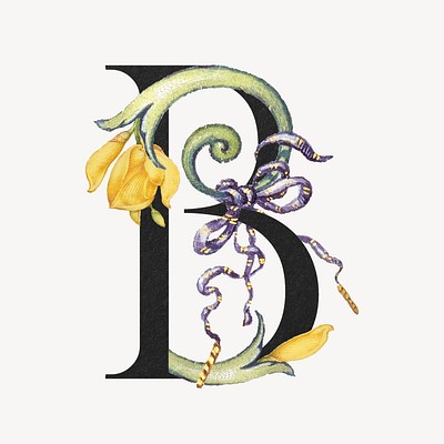 Letter B in botanical calligraphic art alphabet illustration