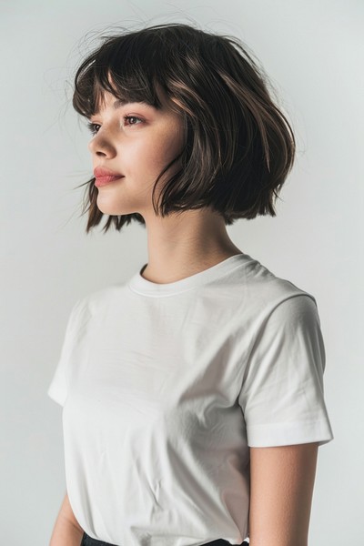 Young woman wears blank white t shirt mockup photography hair face.