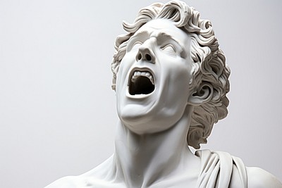 Close-up Greek sculpture person singing statue human head.