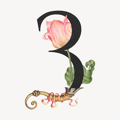 Number 3 in botanical calligraphic art illustration