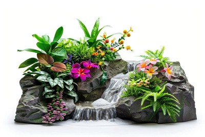 Lush tropical waterfall garden