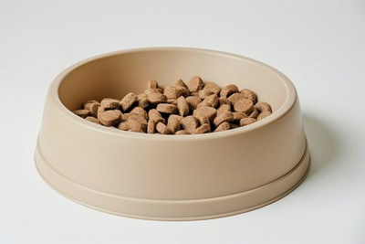 Brown kibble in beige bowl