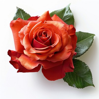 Vibrant red rose with leaves