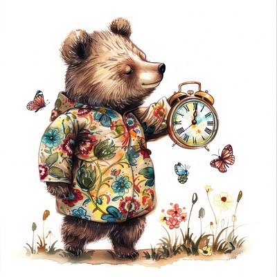 Whimsical bear holding vintage clock