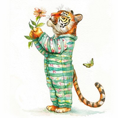 Tiger holding flower illustration