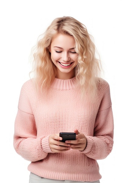 Smiling woman using smartphone