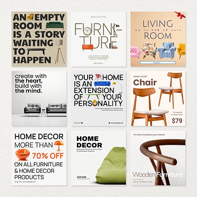 Stylish home decor furniture Facebook post template set vector