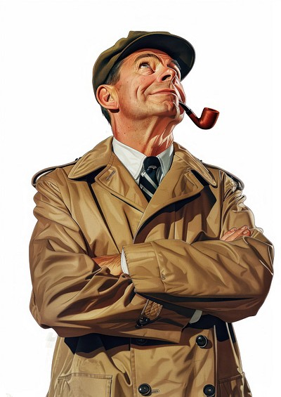 Detective man proudly standing clothing overcoat apparel.