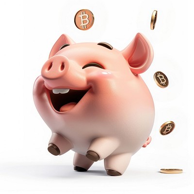 Happy piggy bank with bitcoins