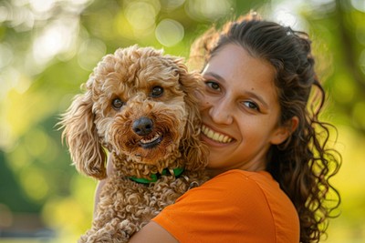 Happy woman hugging curly dog