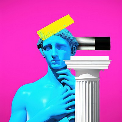 Collage art of greek statue and cmyk print marks architecture sculpture person.