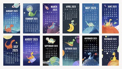 Colorful dinosaur-themed 2025 calendar template set vector