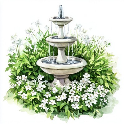 Elegant garden fountain with flowers