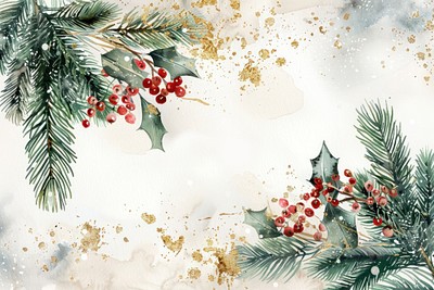 Winter watercolor background branches berries holly.