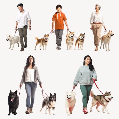 People walking dogs design element set