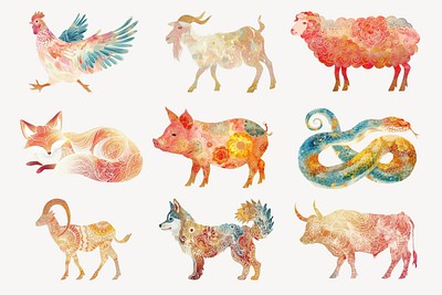 Chinese folk animal art design element set