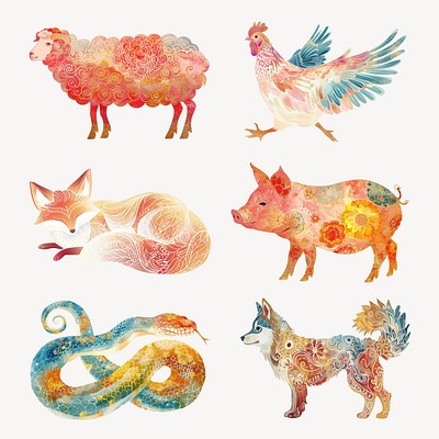 Chinese folk animal art design element set