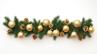 A garland of Christmas decorations with golden ornaments and pine branches on white background christmas christmas decorations accessories.