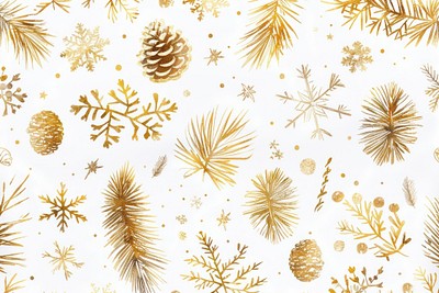 Glittering gold pine branches pattern illustration snowflakes.