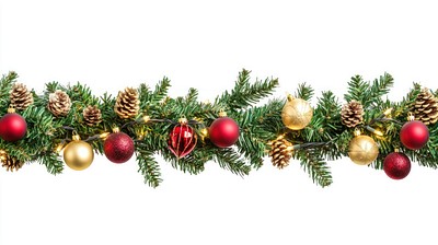 Seamless decorative christmas border with coniferous branches and garlands of christmas lights and ornaments festival plant tree.