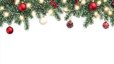 Seamless decorative christmas border with coniferous branches and garlands of christmas lights and ornaments festival plant tree.