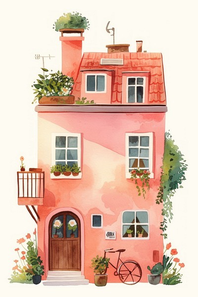 Cozy Nordic Apartment house illustration watercolor bicycle.