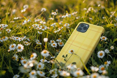 Phone case amidst daisies outdoors