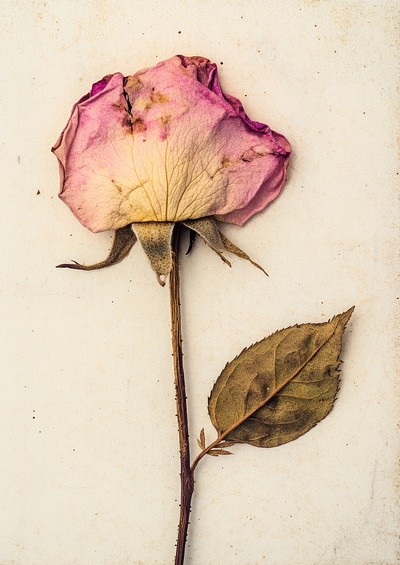 Dried pink rose on white