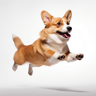 Happy corgi leaping mid-air