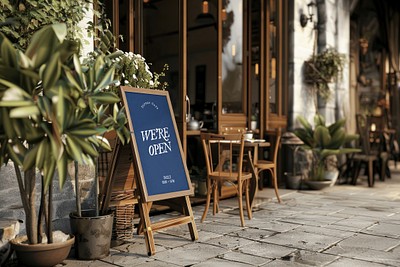 Charming outdoor cafe with sign