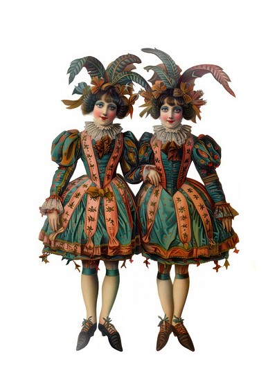 Vintage twin harlequin costume illustration