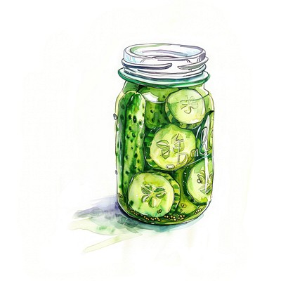 Hand-drawn pickled cucumber jar