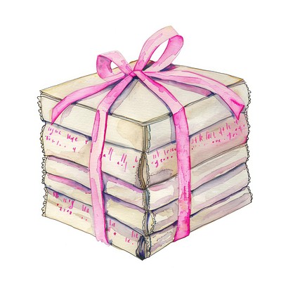 Stacked books with pink ribbon