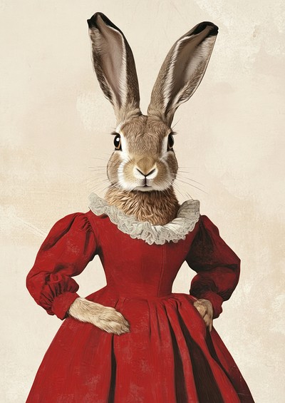 A Belgian Hare wearing with Las Meninas animal painting dress.