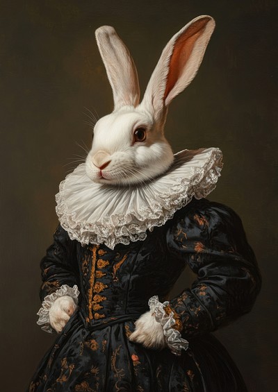 A White Vienna Rabbit wearing with Las Meninas animal rabbit painting.