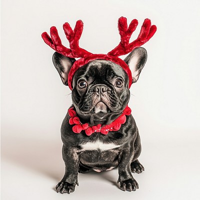 Black french bulldog dog dog wearing a red deer antlers headband on head christmas costume cute.