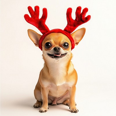 Chihuahua dog dog wearing a red deer antlers headband on head christmas costume happy.