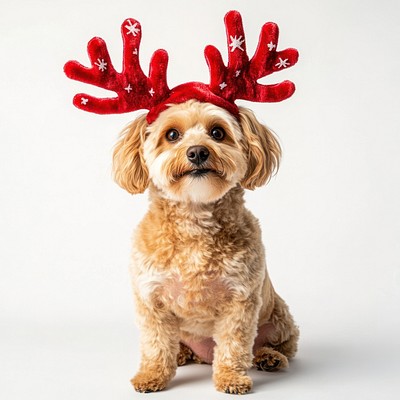 Maltipoo dog dog wearing a red deer antlers headband on head christmas costume photo.