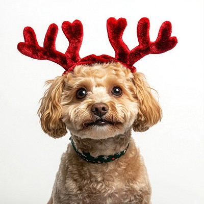 Maltipoo dog dog wearing a red deer antlers headband on head christmas costume animal.