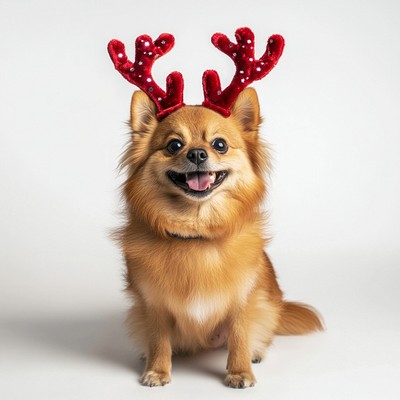 Pomeranian dog wearing a red deer antlers headband on head christmas costume cute.