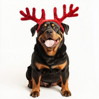 Rottweiler dog dog wearing a red deer antlers headband on head christmas costume cute.