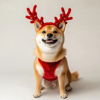 Shiba inu wearing a red deer antlers headband on head dog costume cute.