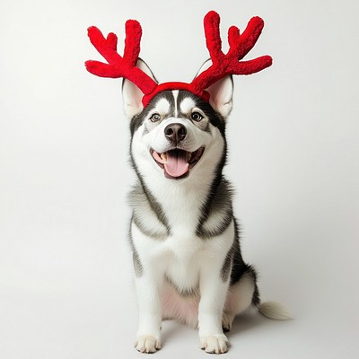 Siberian husky dog dog wearing a red deer antlers headband on head christmas costume happy.