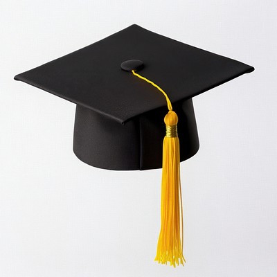 Black graduation cap tassel yellow yellow tassel.