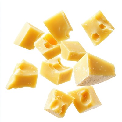 Cheese pieces floating food isolated white.